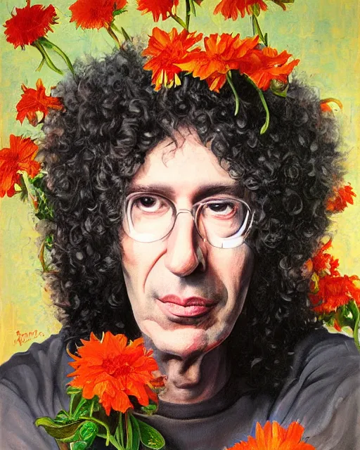 Image similar to a painting of howard stern with flowers in his hair, a character portrait by drew struzan, behance contest winner, american scene painting, oil on canvas, matte drawing, studio portrait