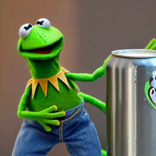 Prompt: kermit the frog chasing a soda can in the style of muppets by jim hansen