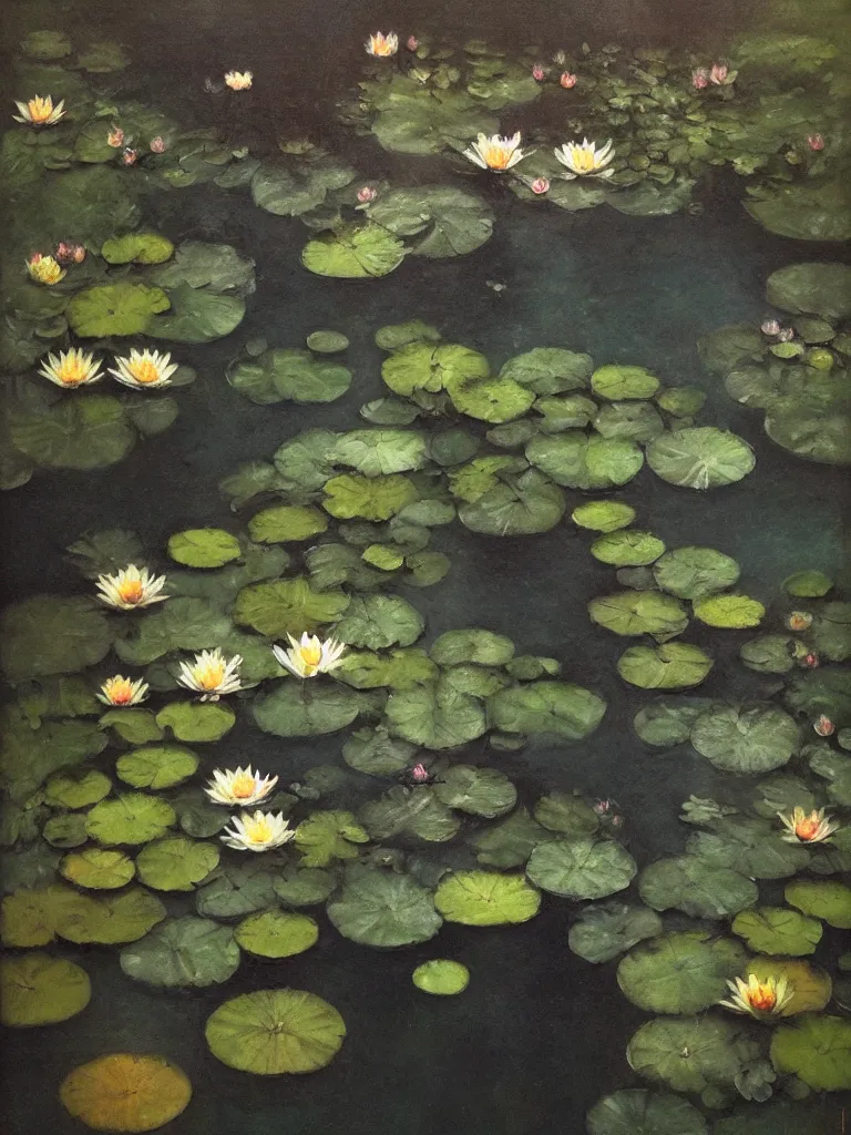 Prompt: detailed cinematic moody colors studio a victorian pond, water lilies, ofelia inspired high quality by jeremy mann, only one head single portrait