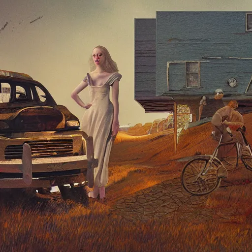 Image similar to Elle Fanning in the painted world of Rivet City, head and shoulders masterpiece, apocalypse, golden hour, cosmic horror, artstation, in the style of Andrew Wyeth and Edward Hopper and Bosch, extremely detailed