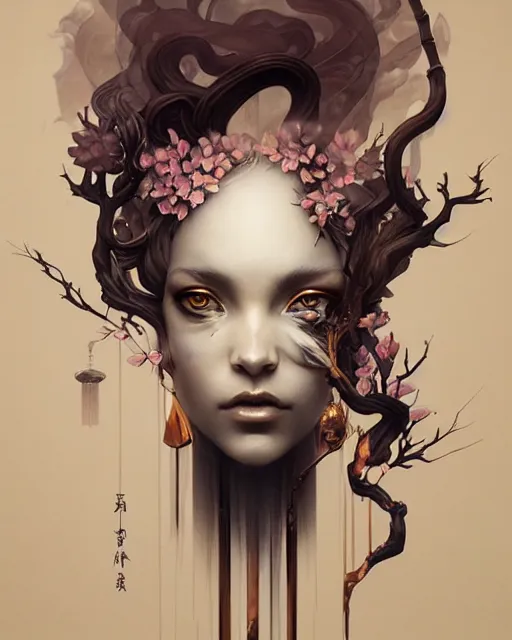 Image similar to fantasy portrait of a woman made of obsidian and smoke, carved Japanese Sakura wood organic overgrowth, peter mohrbacher, artgerm, James Jean