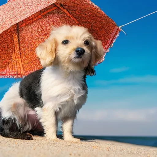 Prompt: a small dog sitting on top of a sandy beach, a picture by wes anderson, shutterstock contest winner, dau - al - set, sense of awe, angelic photograph, majestic