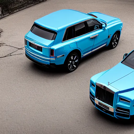 Prompt: Rolls Royce Cullinan, baby blue, black rims, 4k, shot on iPhone