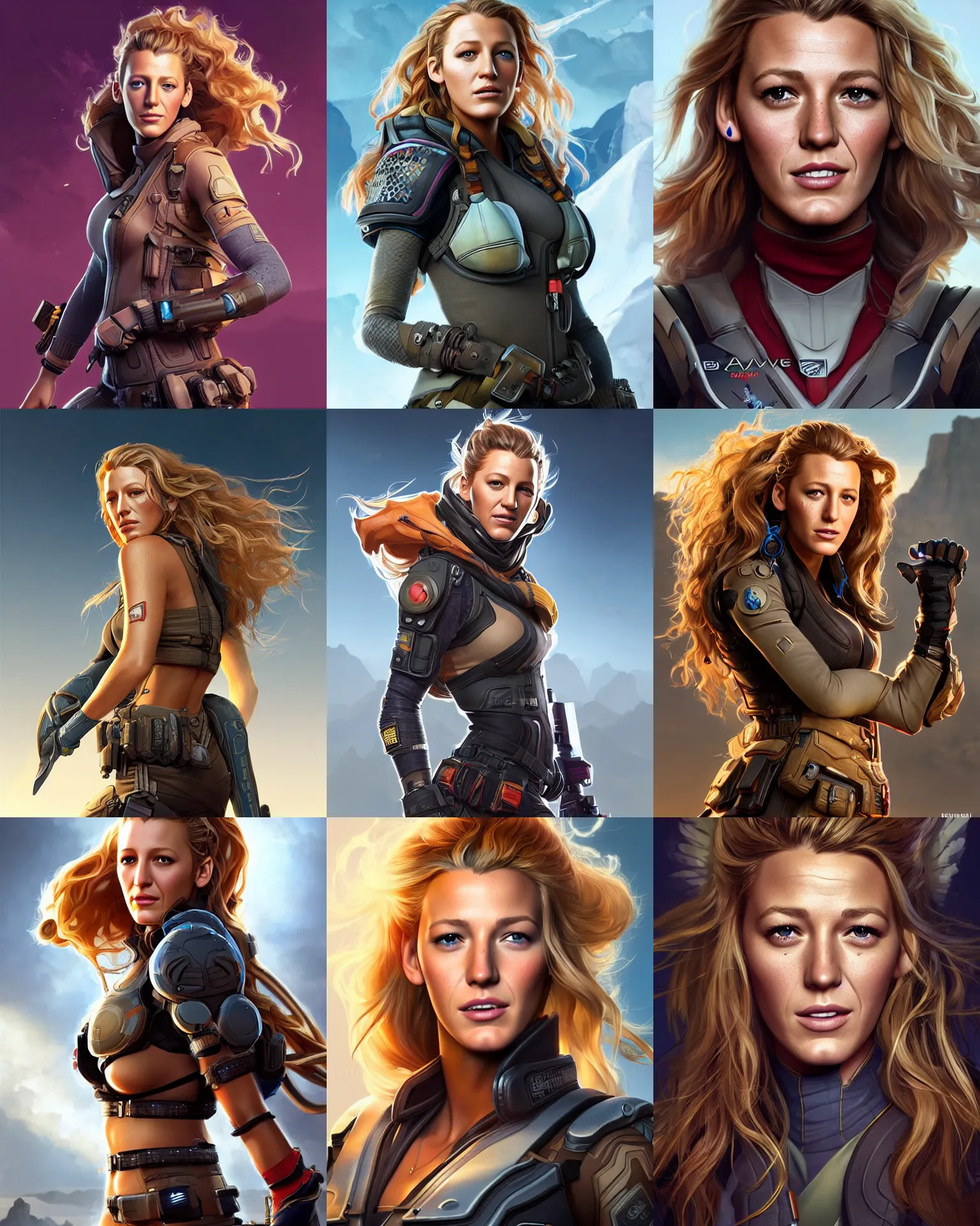 Prompt: Blake Lively as an Apex Legends character digital illustration portrait design by, Mark Brooks and Brad Kunkle detailed, gorgeous lighting, wide angle action dynamic portrait