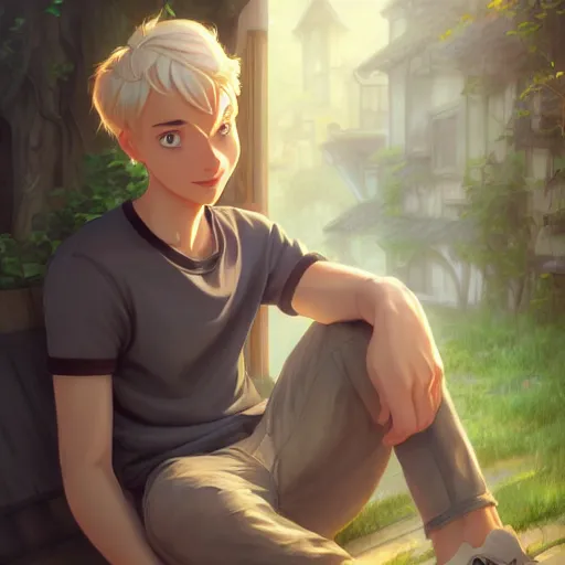 Image similar to young man with short, ash blond greyish hair, light brown eyes, casual clothes, relaxing, happy, path traced, highly detailed, high quality, digital painting, by don bluth and ross tran and studio ghibli and alphonse mucha, sylvain sarrailh, beautiful details