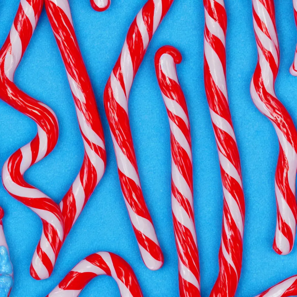 Prompt: close - up view of candy cane on light blue background, 8 k, high detail, photorealistic, proper shading