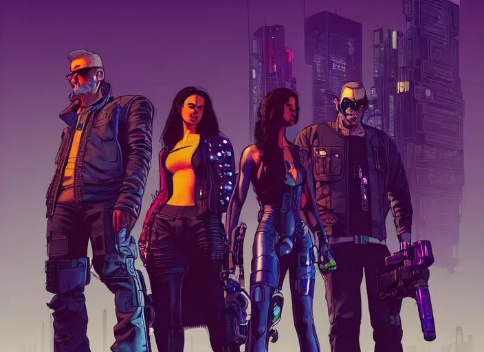 Image similar to cyberpunk hitmen. portrait by stonehouse and mœbius and will eisner and gil elvgren and pixar. character design. realistic proportions. cyberpunk 2 0 7 7 character art, blade runner 2 0 4 9 concept art. cel shading. attractive face. thick lines. the team. diverse characters. artstationhq.