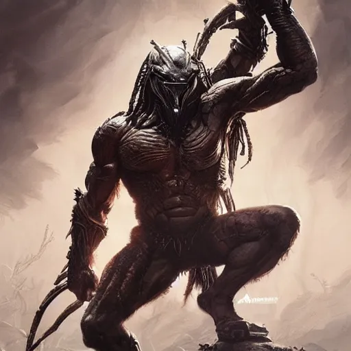 Image similar to The Predator, warrior scene, fantasy, intricate, elegant, highly detailed, digital painting, artstation, concept art, smooth, sharp focus, illustration, fine art by artgerm, greg rutkowski, alphonse mucha