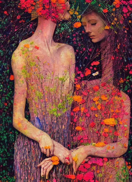 Image similar to portrait of women made of twigs and colorful flowers hugging Edward Hopper and James Gilleard, Zdzislaw Beksinski, highly detailed