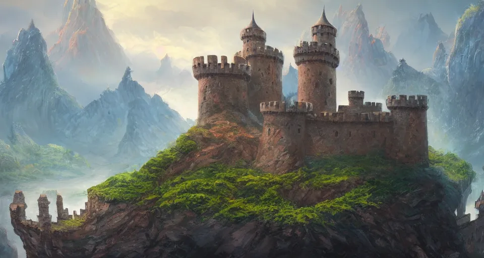 Image similar to A magnificent castle on the stretches of a vast land, fancy crenellations and sturdy reinforced walls looking, rivers and ocean, high mountains, painted in the style of concept artist Michael Kus, 4k