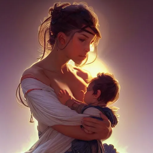 Image similar to giantess woman holding a small man in her hands, intricate, highly detailed, digital painting, artstation, concept art, smooth, sharp focus, illustration, unreal engine 5, 8 k, art by artgerm and greg rutkowski and alphonse mucha