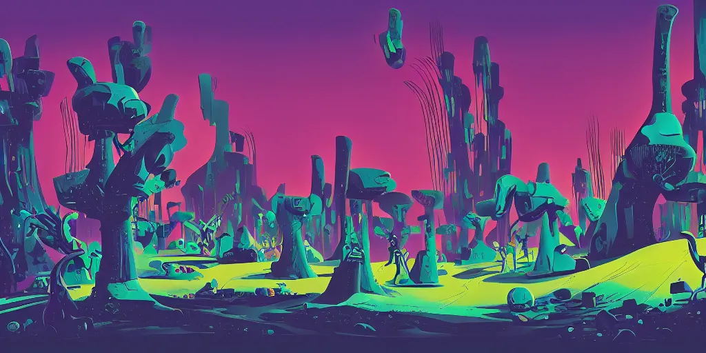 Image similar to futuristic pet graveyard, gouache, animated film, stylised, illustration, by eyvind earle, scott wills, genndy tartakovski, syd mead