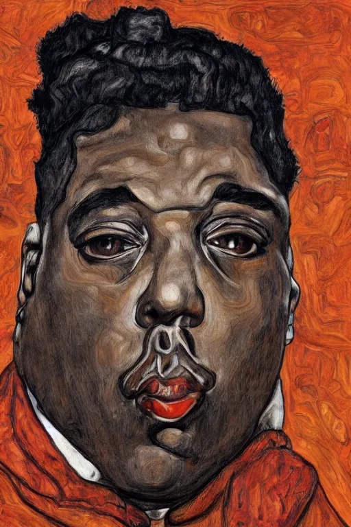 Image similar to a portrait of biggie small in style of egon schiele, masterpiece, hyperdetailed, complex, intricate, 4 k, trending on artstation