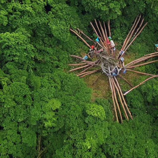 Image similar to aerial hd photographs of an uncontacted tribe from the amazon with tribe members looking up around a giant magical pyramid