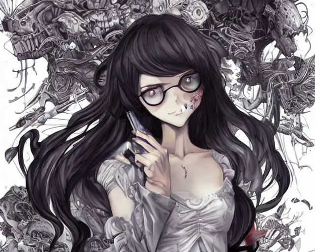 Image similar to anime girl fighting a skeleton confident pose, intricate, elegant, sharp focus, illustration, highly detailed, concept art, matte, trending on artstation, anime, art by james jean and artgerm