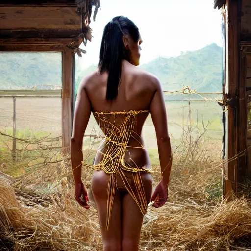 Image similar to A perfect pacific islander female goddess stands for a waist up portrait with her body sightly wrapped in thin gold wire creatively arranged so as to look like Borneo tattoos, in an abandoned barn, hyper photo realistic 8K HD HDRI, photo by Annie Leibovitz.