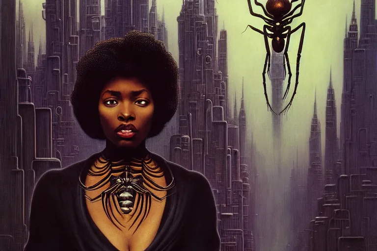 Prompt: realistic detailed portrait movie shot of a beautiful black woman with a giant spider, dystopian city landscape background by denis villeneuve, amano, yves tanguy, alphonse mucha, max ernst, kehinde wiley, jean delville, david lynch, roger dean, cyber necklace, rich moody colours, sci fi patterns, dramatic, wide angle