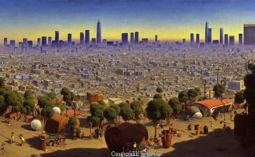 Image similar to ghibli illustrated background of strikingly beautiful skid row, los angeles, california, with strange city skyline is seen in the distance, tents, streets by vasily polenov, eugene von guerard, ivan shishkin, albert edelfelt, john singer sargent, albert bierstadt 4 k, ultra wide