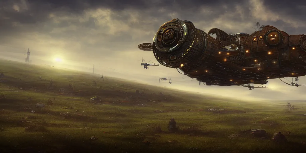 Prompt: steampunk spaceship hovering over fields and small houses, science fiction digital art, award winning, trending on artstation, digital art. highly detailed 8 k. intricate. lifelike.