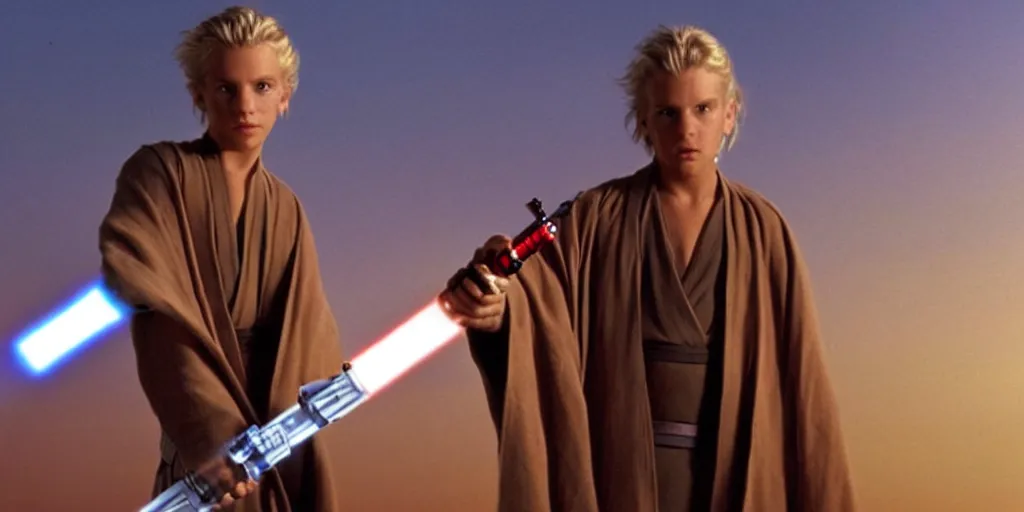 Image similar to !dream A full color still of a teenage blonde Jedi padawan holding the HILT of a lightsaber, looking scared, at golden hour!, from The Phantom Menace, directed by Steven Spielberg, 35mm!!! 1990