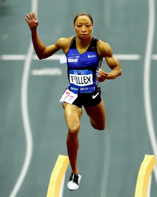 Image similar to allyson felix, at the 2 0 0 - meter starting line, olympic trials, sports photography in the style of neil leifer, bokeh