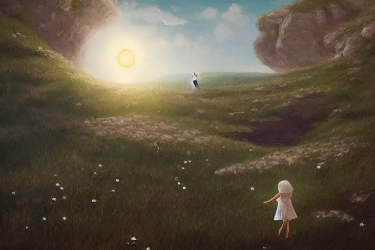 Image similar to giant white daisy flower head, girl walking on cliff, surreal photography, solar eclipse, milky way, dramatic light, impressionist painting, clouds, digital painting, artstation, simon stalenhag