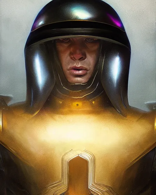 Prompt: iridescent wiry muscular male smooth sleek glossy black pearlescent scifi armor with smooth black featureless visor, by greg rutkowski and mark brookes and jim burns and tom bagshaw and magali villeneuve, trending on artstation