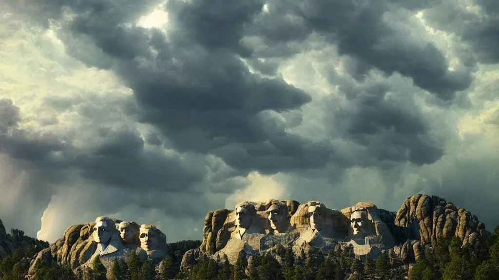 Image similar to mount rushmore but all the faces are guy fiery, lightning, storms, volumetric lightning by eugene von guerard, ivan shishkin, dramatic lighting, concept art, trending on artstation, 8 k