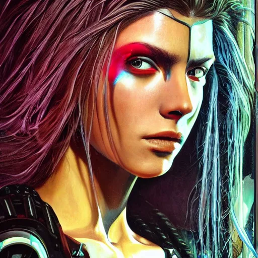 Prompt: a hyperrealistic portrait painting of a beautiful female cyberpunk warrior, by alan moore, highly detailed,