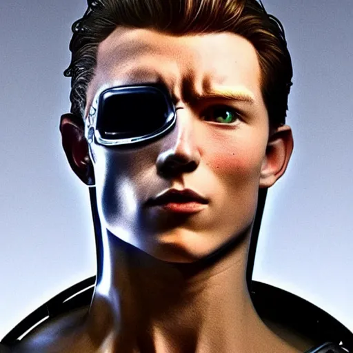 Image similar to “a realistic detailed photo of a guy who is the terminator robot, a cyborg consisting of living tissue over a robotic endoskeleton, who is a male android, Tom Holland, posing like a statue, blank stare”