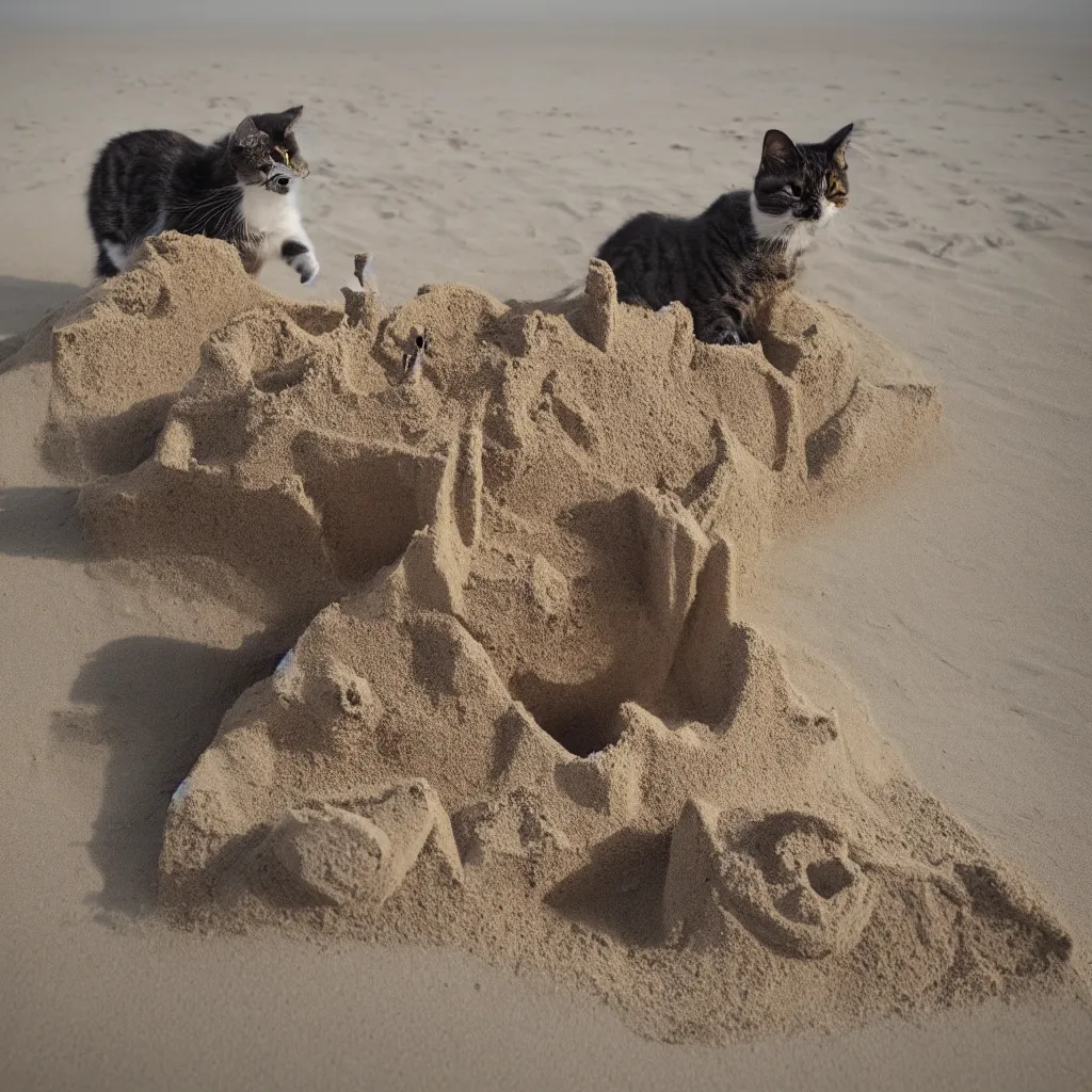 Image similar to Photo of a cat building a sandcastle on a beach, photorealistic, 8K photo, golden hour, award winning