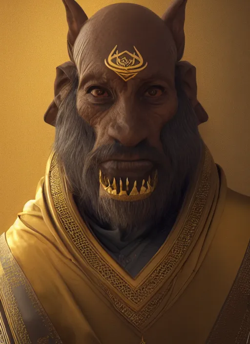 Image similar to portrait of sheikh mohammad ruler of dubai, drak fantasy goblin, head and torso only, cinematic lighting, studio quality, smooth render, unreal engine 5 rendered, octane rendered, art style by klimt and nixeu and ian sprigger and wlop and krenz cushart.