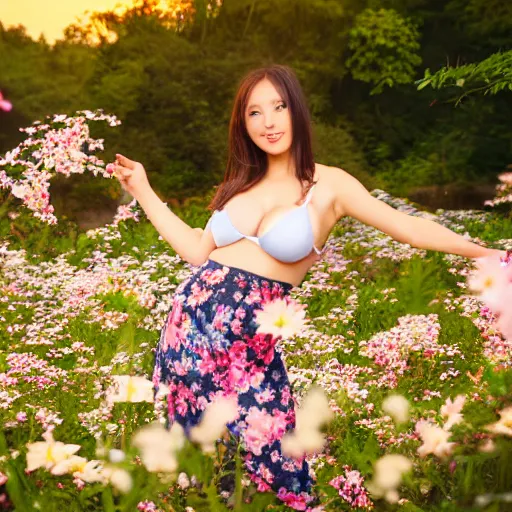 Prompt: buxom brunette beauty, dreamy, hazy, in an arboretum, dressed in flowers, smiling at the camera, sunset, macro, directed by a japanese studio