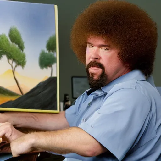 Image similar to a closeup photorealistic photograph of bob ross working on an image of kenny powers autographing a baseball on a canvas. mountains and trees. film still. brightly lit scene. this 4 k hd image is trending on artstation, featured on behance, well - rendered, extra crisp, features intricate detail, epic composition and the style of unreal engine.