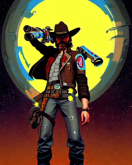 Prompt: mccree from overwatch, cyber space cowboy, outter space, character portrait, portrait, close up, concept art, intricate details, highly detailed, vintage sci - fi poster, retro future, vintage sci - fi art, in the style of chris foss, rodger dean, moebius, michael whelan, and gustave dore