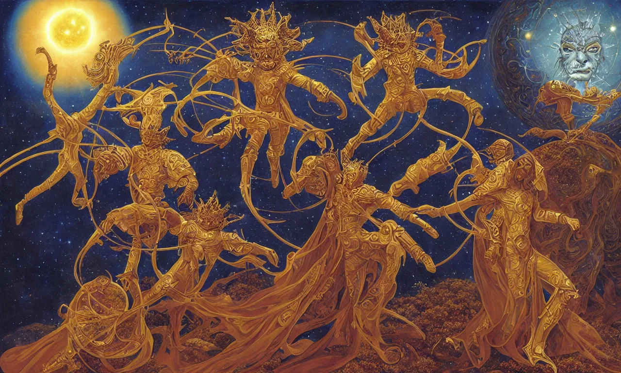 Image similar to sun king and moon prince in the cosmic court of mystical astronomy, art by james c. christensen and gerald brom