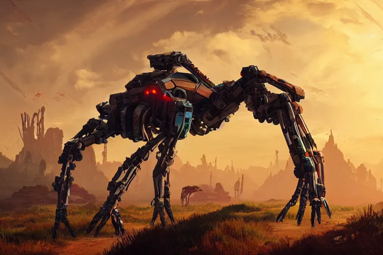 Image similar to longleg machine mecanical creature robot of horizon forbidden west horizon zero dawn radiating a glowing aura global illumination ray tracing hdr fanart arstation by ian pesty and alena aenami artworks in 4 k