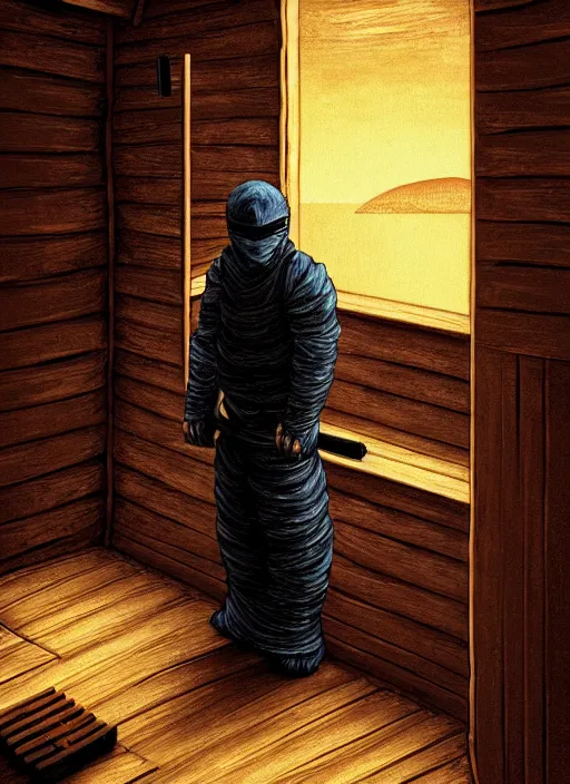 Image similar to ninja in finnish sauna, backround dark, highly detailed, digital illustration, trending in artstation, modern painting, smooth, sharp focus, intricate, einar jonsson, ilya repin