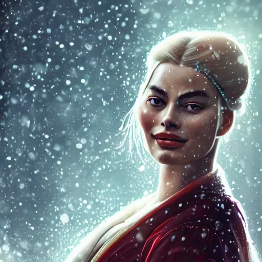 Prompt: a beautiful ultradetailed fantasy character portrait of margot robbie as a geisha wielding a sword by zach sutton and charlie bowater, catchlight in the eyes, trending in behance, close up 50mm portrait photo, bokeh, 4K, during snowfall