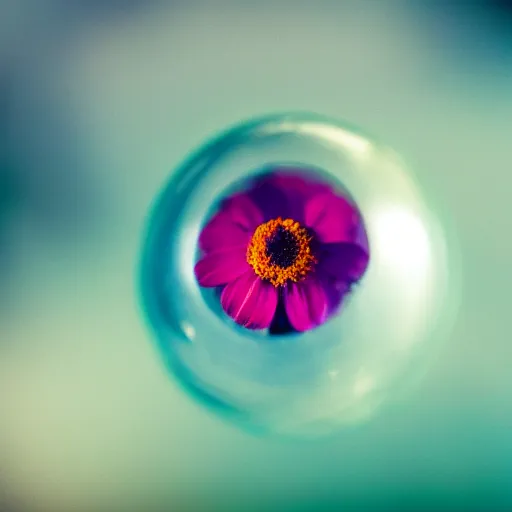 Image similar to macro photo of a flower inside a water sphere, depth of field, higly detailed photo