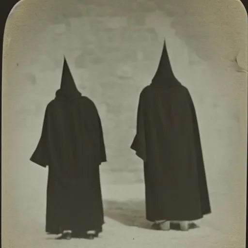 Image similar to - Early black and white photograph of robed figures with tall pointed hats inside a castle, creepy, 8mm