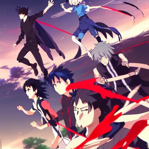 Image similar to dynamic and high energy anime composition with many hero characters together, running jumping, group of anime heroes, gapmoe yandere grimdark, trending on pixiv fanbox, painted by greg rutkowski makoto shinkai takashi takeuchi studio ghibli, akihiko yoshida