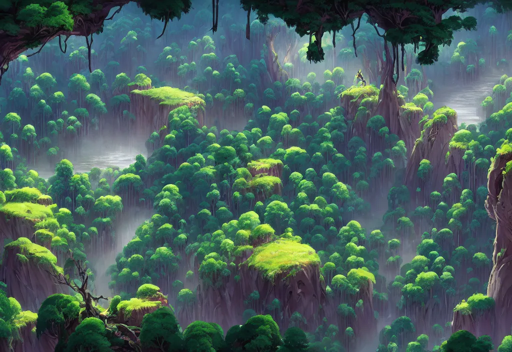 Image similar to high view of the background of a forest that has an endless pit in the bottom of the image, stylised painting, visible brush strokes, forest, medieval architecture, dynamic lighting, aesthetics, smooth, d & d, fantasy, asymmetrical, intricate, elegant, matte painting, by makoto shinkai borderlands and by feng zhu rossdraws, fan art, cartoon style