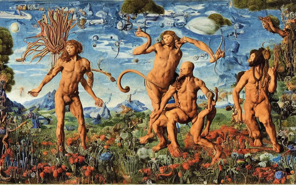 Image similar to a portrait photograph of a meditating satyr and a centaur monk riding a rocket machine and hunting at a river delta. surrounded by bulbous flowers and trees. mountain range under a blue sky of fiery stars. by jan van eyck, max ernst, ernst haeckel, ernst fuchs and artgerm, cgsociety, fashion editorial, 8 k