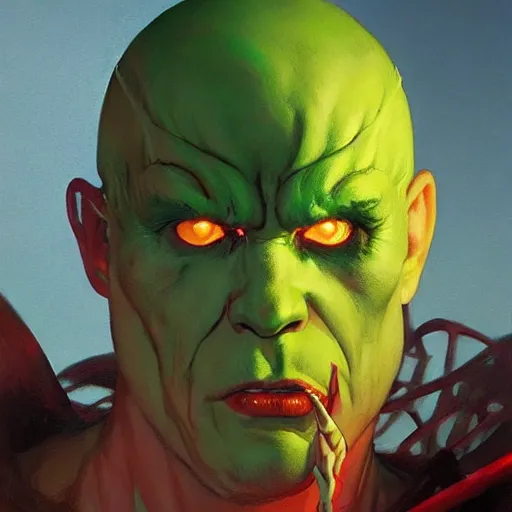 Prompt: 4k headshot portrait of Spawn from Macfarlane comics , killing with green fire by Craig Mullins, ilya kuvshinov, krenz cushart, epic , artgerm trending on artstation by Edward Hopper and Dan Mumford and WLOP and Rutkovsky, beksinski carl spitzweg moebius and tuomas kocar, intricate artwork by caravaggio, Unreal Engine 5, Lumen, Nanite , 4K headshot of godlike clown with defined arms and open hands and bloody clothes with giant mandala wings , intricate face , flawless anime cel animation by Kentaro Miura, psychedelic , highly detailed upper body , professionally post-processed , beautiful, scary, symmetry accurate features, epic, octane rendered, anime masterpiece, accurate