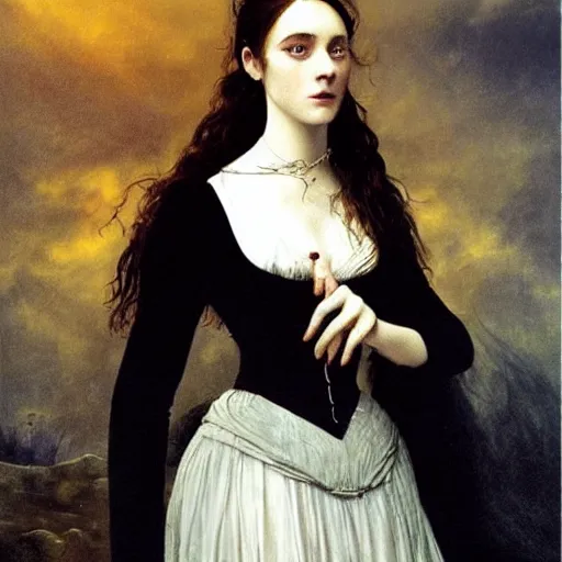 Image similar to A beautiful victorian woman, gothic dress, flowing hair, oil painting, portrait, dramatic lighting, masterpiece, painted by Caspar David Friedrich