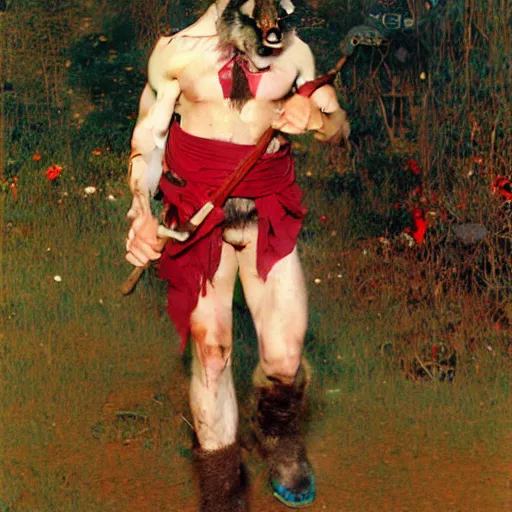 Image similar to a male ratwolfman rat wolf man in a red kimono furry arms furry body walking stick new york. furaffinity furry art detailed face painting by gaston bussiere craig mullins jc leyendecker gustav klimt artgerm greg rutkowski furry