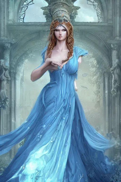 Image similar to aphrodite goddess beautiful blue gown very sensual, high resolution, uhd, digital illustration, in the style of greg rutkowski, fantasy, amazing detail, epic, intricate, elegant, perfect symmetrical face, hyper realistic, hyperdetailed, style of laura sava, smooth, deep focus