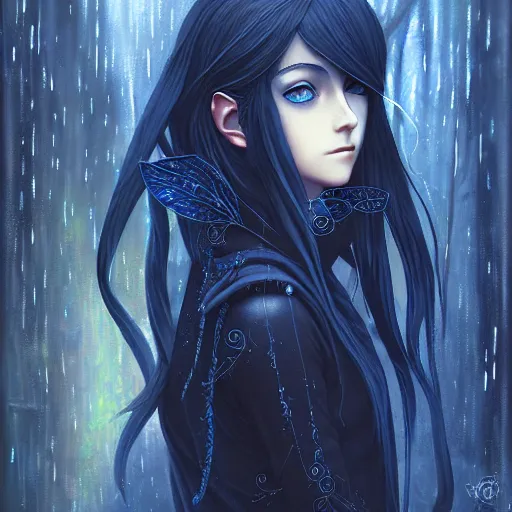 Image similar to highly detailed portrait of an elven fairy, in the rain, highly detailed, painting, dark blue and black color palette, intricate, high quality anime artstyle, in the style of ilya kuvshinov