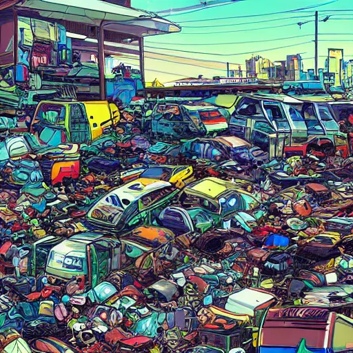 Image similar to view from ground level of a landscape full of junkyards, garbage heaps and recycled electronic gear | neon anime electronic cybernetic comic book art